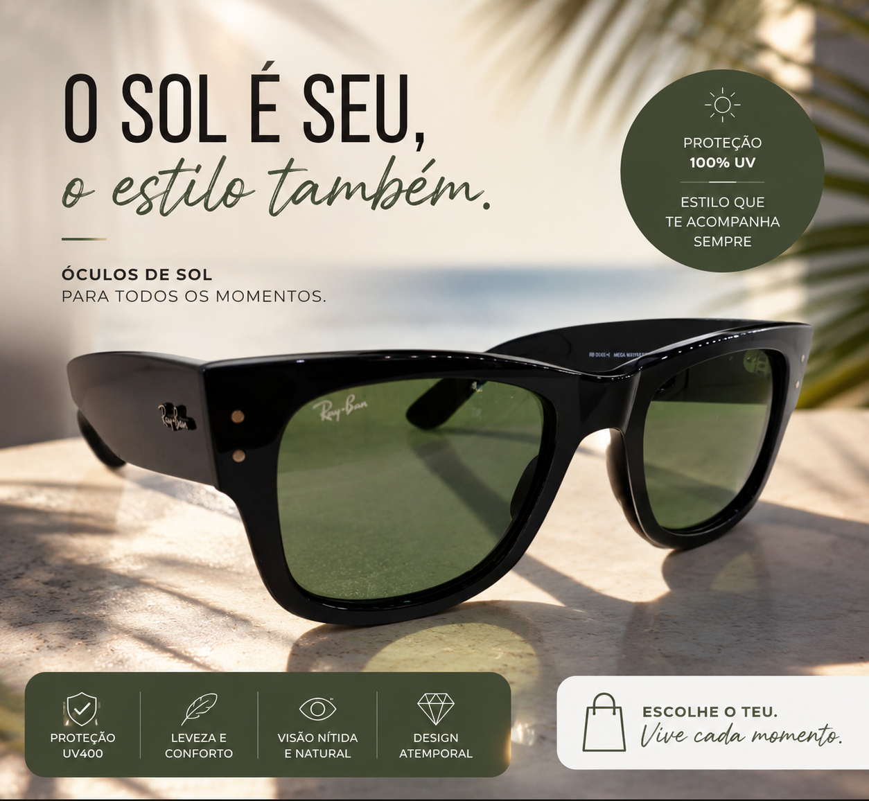 Óculos de sol Ray-Ban Mega Wayfarer pretos com lentes verdes proteção UV.
